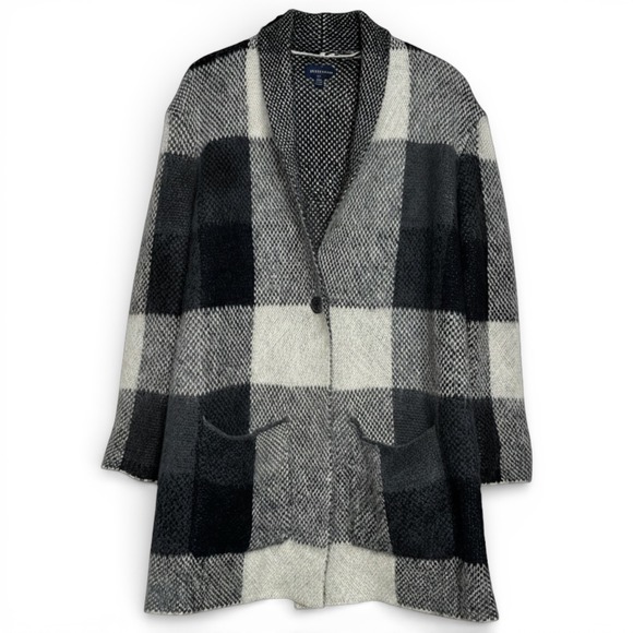 American Eagle Buffalo Plaid Longline Cardigan Sweater Black Grey White L/XL - Picture 3 of 10